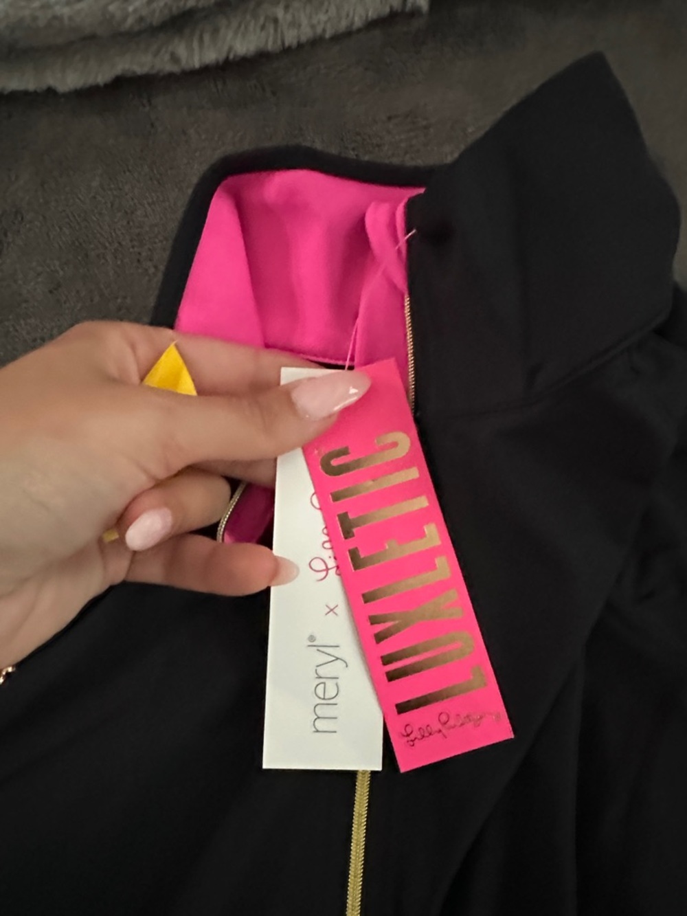 Lilly Pulitzer Black Pullover with Hot Pink Collar and Gold Zipper - Picture 3 of 4